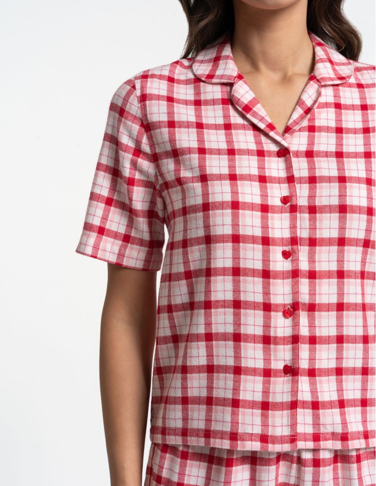 Piżamy z krótkim rękawem - Piżama damska rozpinana dwuczęściowa w kratkę CZERWONY  - produkt moraj.pl 12