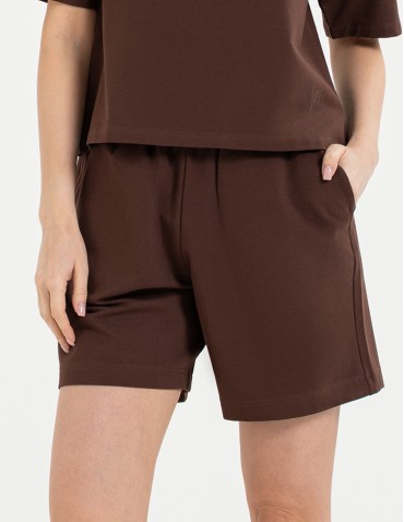 Krótkie spodenki damskie o luźnym kroju z wysokim stanem - BRĄZOWY
