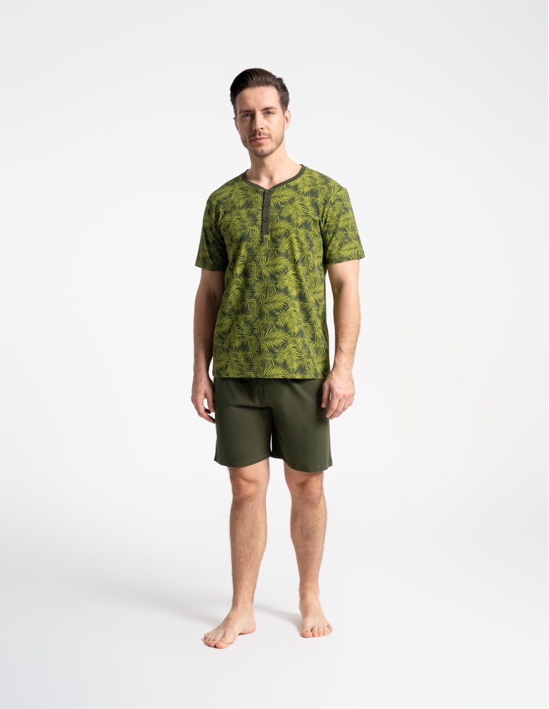 Piżamy - Piżama męska bawełniana dwuczęściowa z motywem roślinnym ZIELONY  - produkt moraj.pl 2