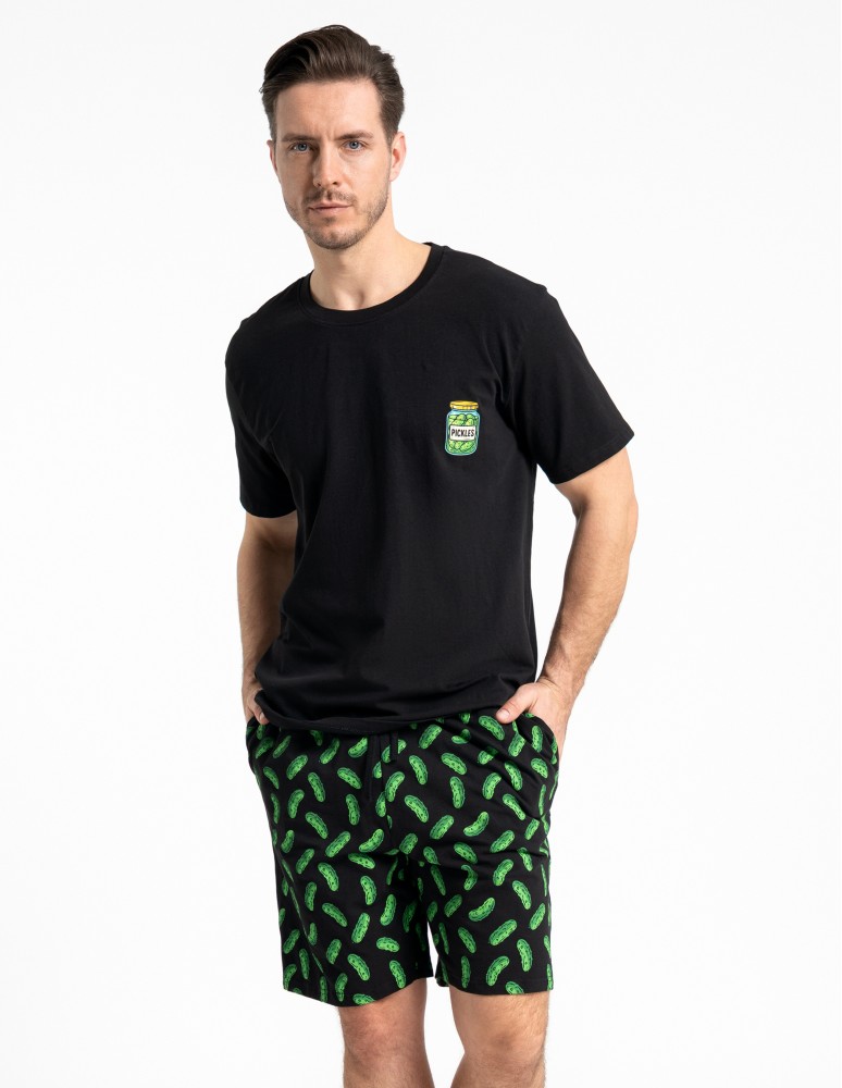 Piżamy - Męska piżama bawełniana na krótki rękaw z motywem ogórków CZARNY  - produkt moraj.pl 3