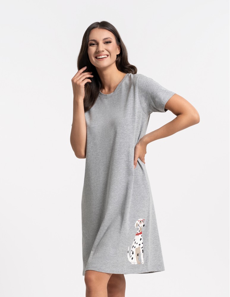 Koszule nocne - Koszula nocna damska bawełniana z nadrukiem dalmatyńczyka SZARY MELANŻ  - produkt moraj.pl 3