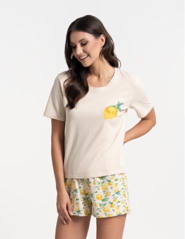 Piżama damska bawełniana z krótkim rękawem w cytryny - BEŻOWY