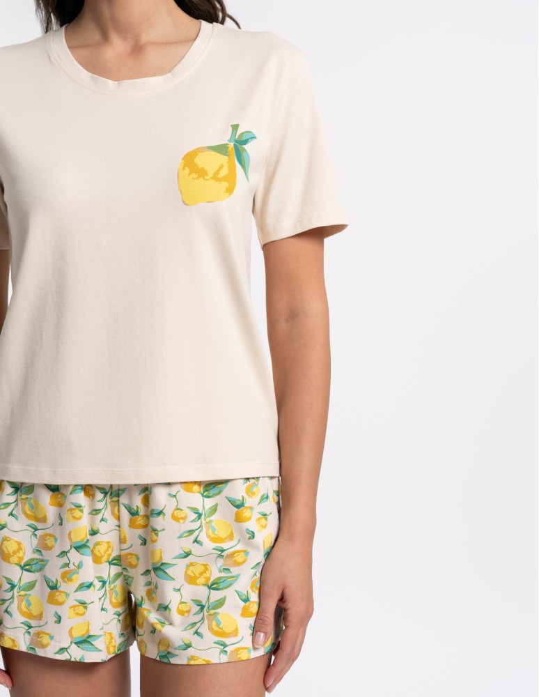 Piżamy - Piżama damska bawełniana z krótkim rękawem w cytryny BEŻOWY  - produkt moraj.pl 2