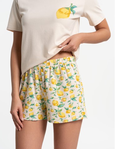 Piżamy - Piżama damska bawełniana z krótkim rękawem w cytryny BEŻOWY - produkt 6