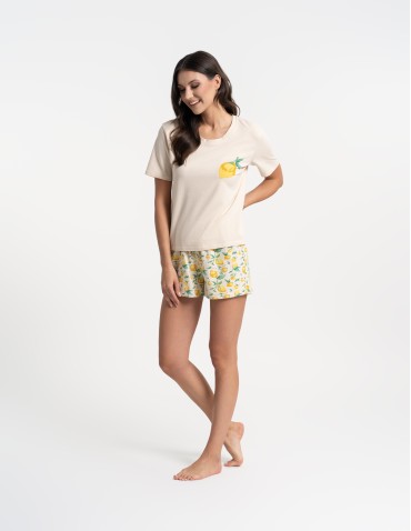 Piżamy - Piżama damska bawełniana z krótkim rękawem w cytryny BEŻOWY - produkt 5
