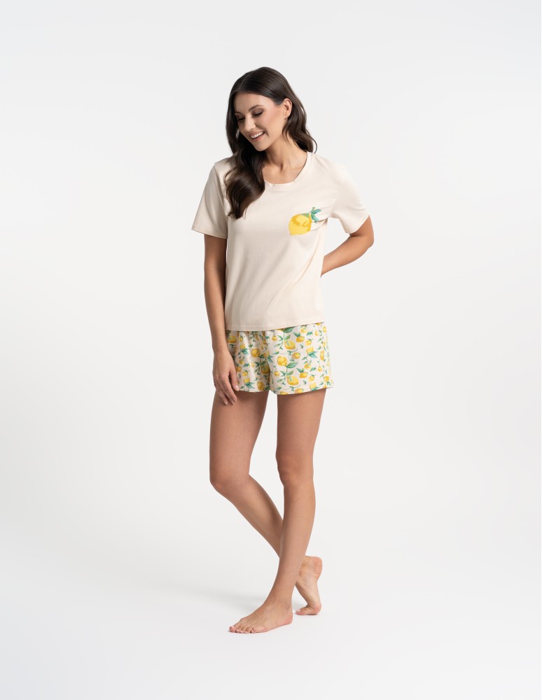 Piżamy - Piżama damska bawełniana z krótkim rękawem w cytryny BEŻOWY  - produkt moraj.pl 5