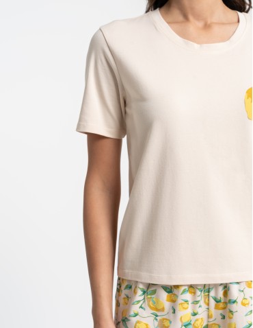 Piżamy - Piżama damska bawełniana z krótkim rękawem w cytryny BEŻOWY - produkt 3