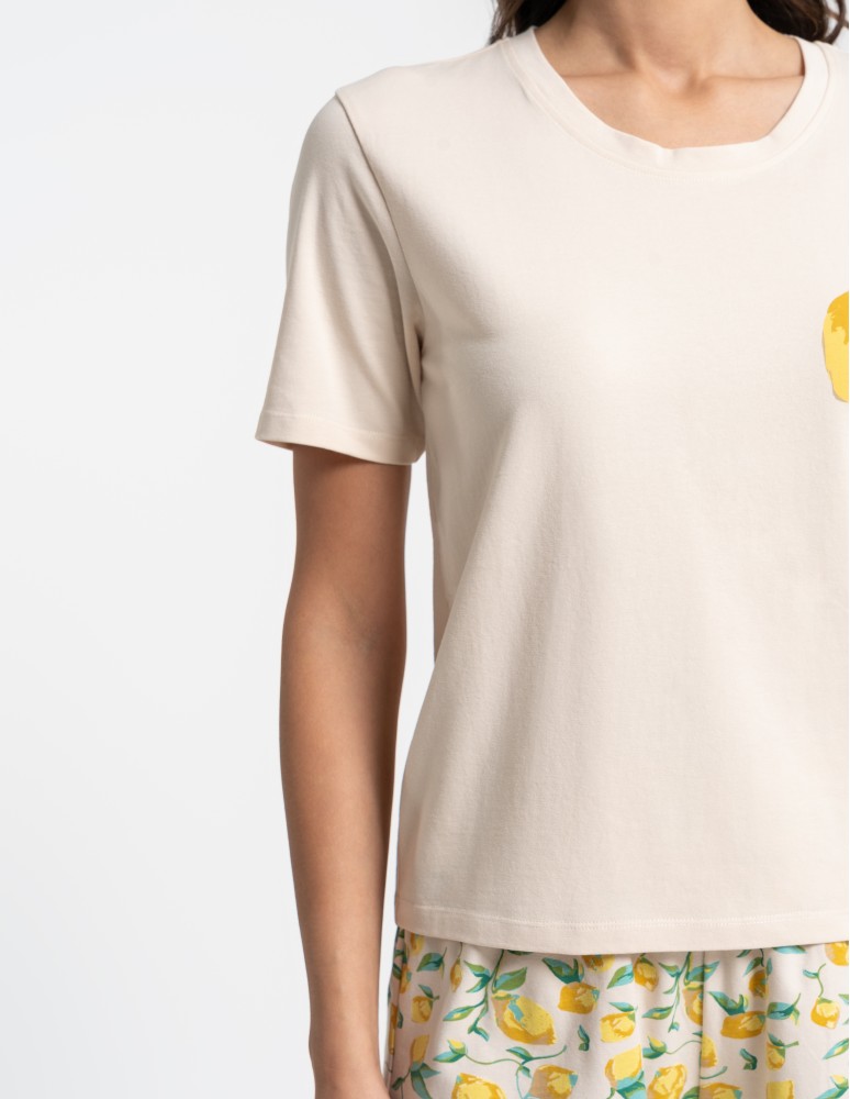 Piżamy - Piżama damska bawełniana z krótkim rękawem w cytryny BEŻOWY  - produkt moraj.pl 3