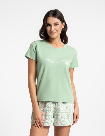 Piżama damska bawełniana z krótkim rękawem w stokrotki - ZIELONY