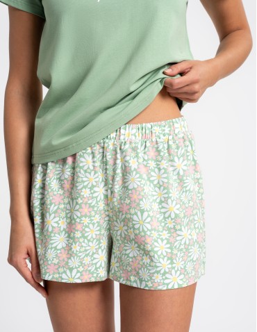 Piżama damska bawełniana z krótkim rękawem w stokrotki - ZIELONY  - produkt 2