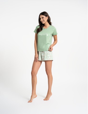 Piżamy - Piżama damska bawełniana z krótkim rękawem w stokrotki ZIELONY - produkt 3
