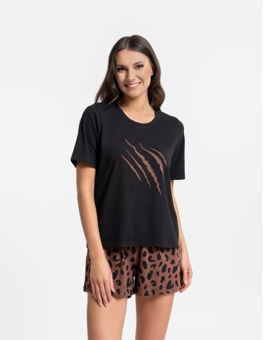 Damska piżama bawełniana na krótki rękaw z motywem zwierzęcym - CZARNY