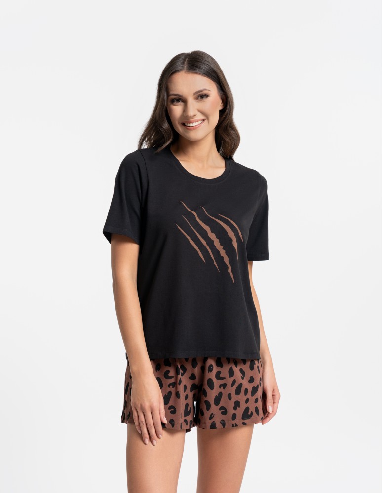Piżamy - Damska piżama bawełniana na krótki rękaw z motywem zwierzęcym CZARNY - produkt moraj.pl 1