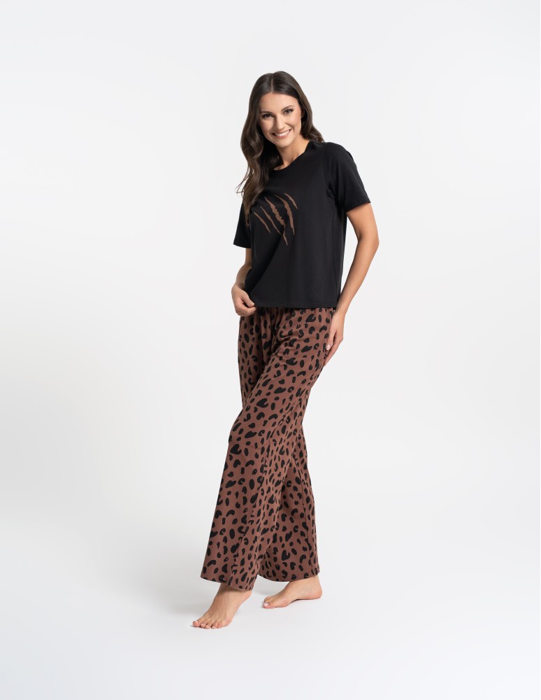 Piżamy - Piżama damska bawełniana z krótkim rękawem i spodniami z motywem zwierzęcym CZARNY - produkt moraj.pl 1