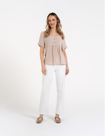 Bluzki i koszule - Bluzka damska z wiskozy z guzikami przy dekolcie BEŻOWY - produkt 7