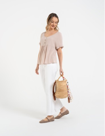 Bluzki i koszule - Bluzka damska z wiskozy z guzikami przy dekolcie BEŻOWY - produkt 3