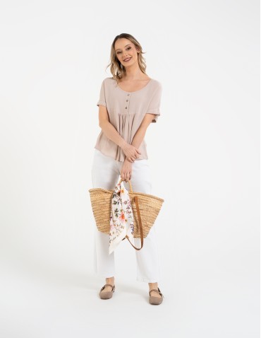 Bluzki i koszule - Bluzka damska z wiskozy z guzikami przy dekolcie BEŻOWY - produkt 8