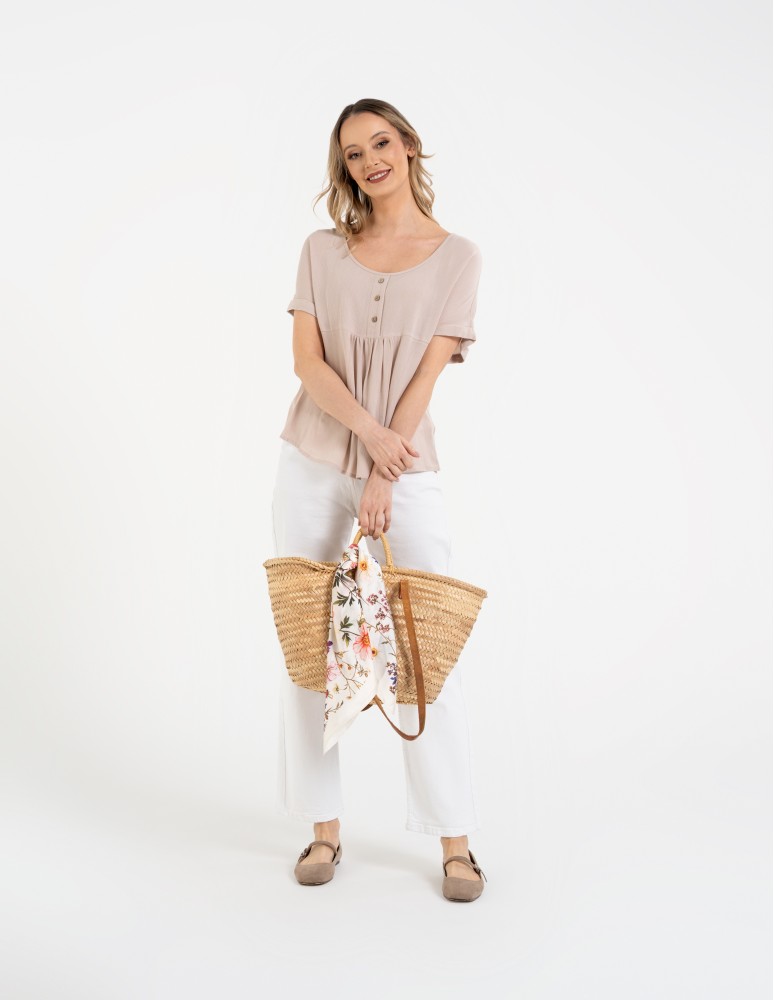 Bluzki i koszule - Bluzka damska z wiskozy z guzikami przy dekolcie BEŻOWY  - produkt moraj.pl 8