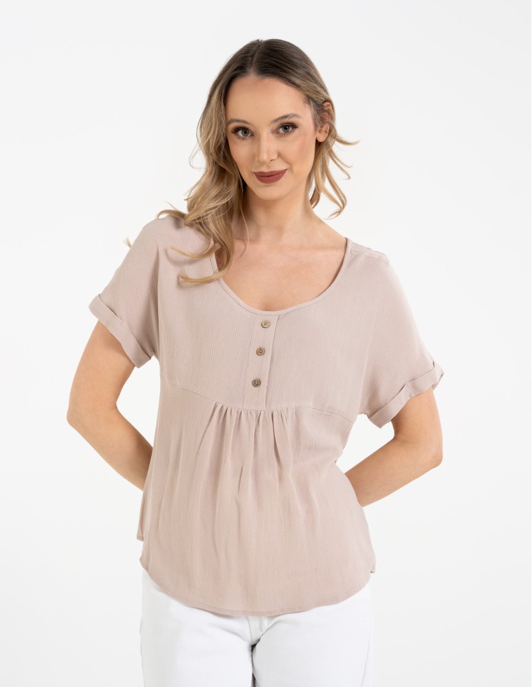 Bluzki i koszule - Bluzka damska z wiskozy z guzikami przy dekolcie BEŻOWY - produkt moraj.pl 1