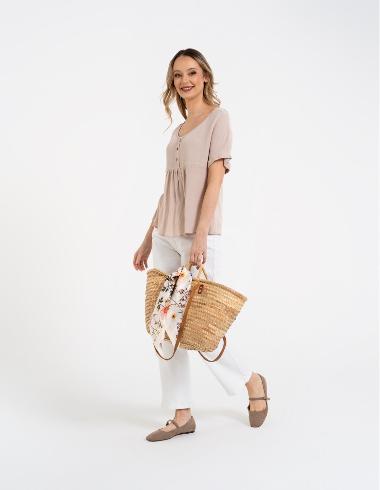 Bluzki i koszule - Bluzka damska z wiskozy z guzikami przy dekolcie BEŻOWY  - produkt moraj.pl 4