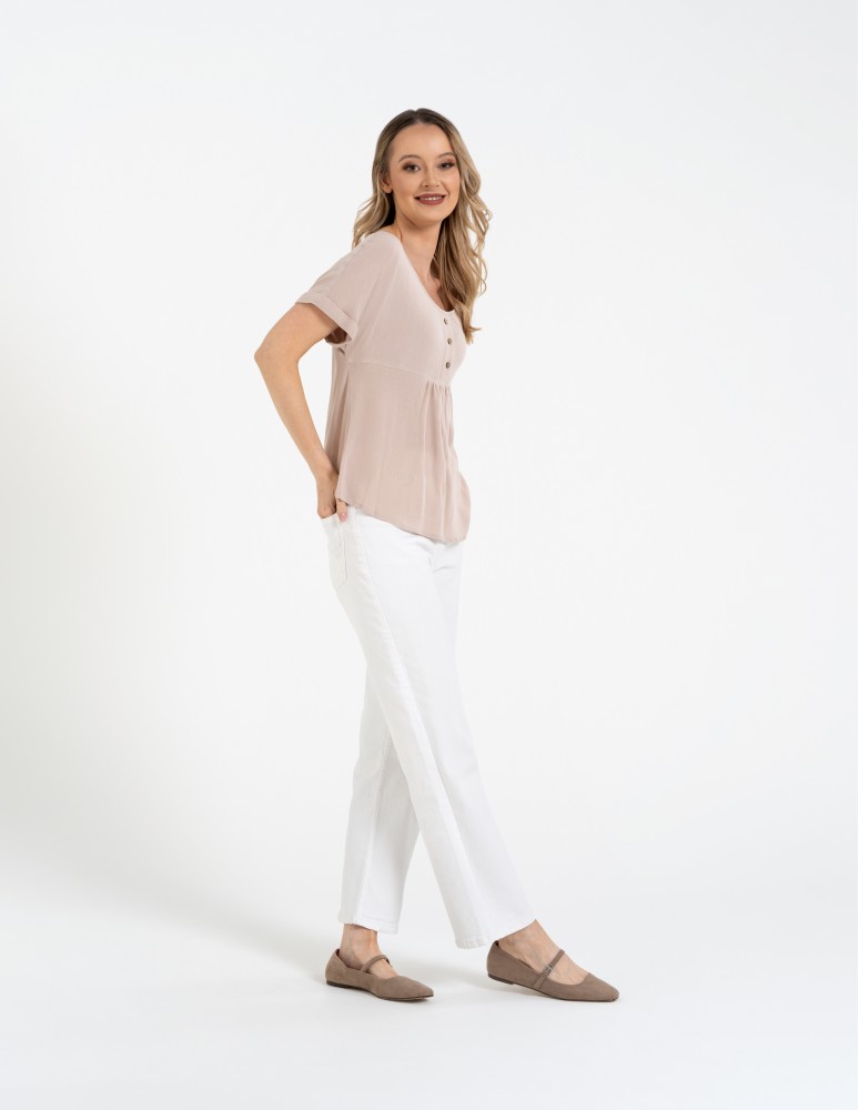 Bluzki i koszule - Bluzka damska z wiskozy z guzikami przy dekolcie BEŻOWY  - produkt moraj.pl 10