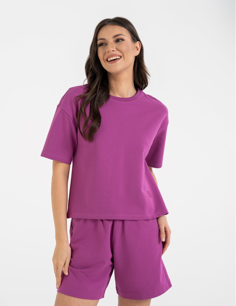 T-shirt damski o luźnym kroju z napisami FIOLETOWY