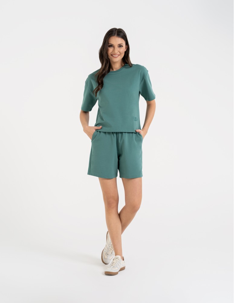 Szorty dresowe - Krótkie spodenki damskie o luźnym kroju z wysokim stanem TURKUSOWY  - produkt moraj.pl 2