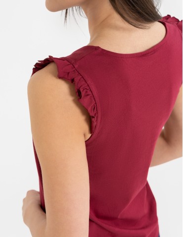 Koszulki z krótkim rękawem - Koszulka damska bawełniana z falbanką BORDOWY - produkt 3