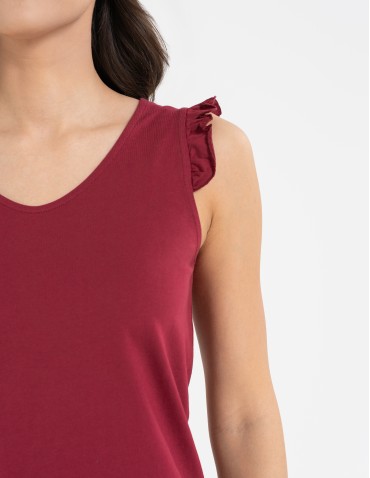 Koszulki z krótkim rękawem - Koszulka damska bawełniana z falbanką BORDOWY - produkt 2