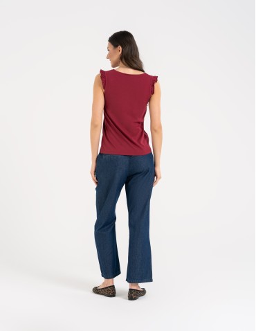 Koszulki z krótkim rękawem - Koszulka damska bawełniana z falbanką BORDOWY - produkt 6