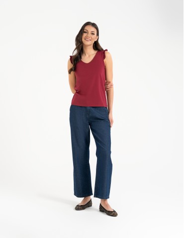 Koszulki z krótkim rękawem - Koszulka damska bawełniana z falbanką BORDOWY - produkt 1