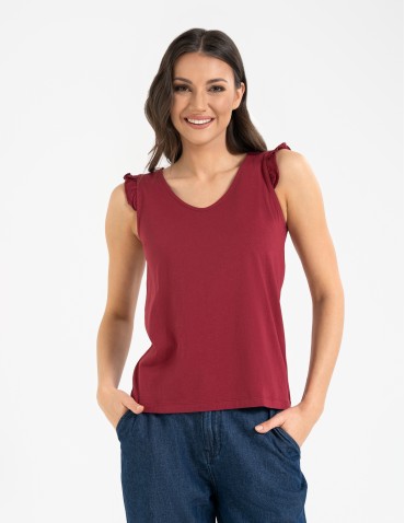 Koszulki z krótkim rękawem - Koszulka damska bawełniana z falbanką BORDOWY - produkt 4