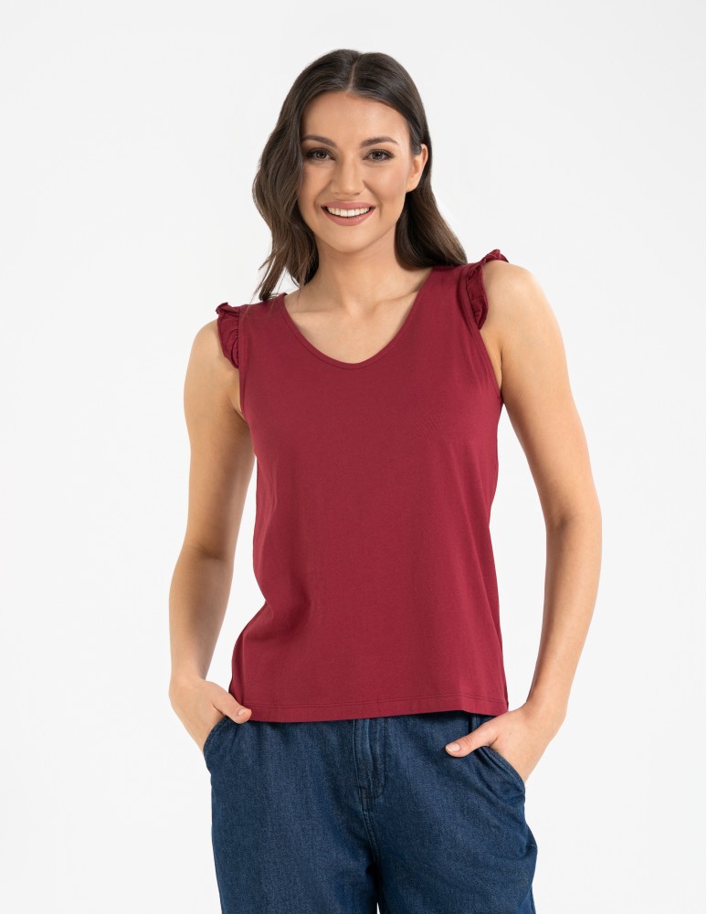 Koszulki z krótkim rękawem - Koszulka damska bawełniana z falbanką BORDOWY  - produkt moraj.pl 4