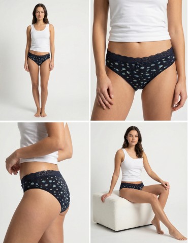 Majtki damskie figi bikini z elastycznym koronkowym pasem 4-pak - WIELOKOLOROWY