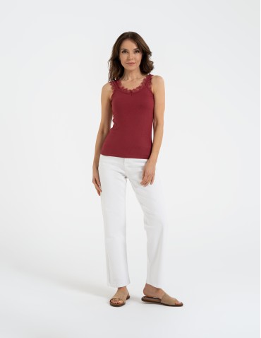 Koronkowy damski top na ramiączkach z prążkowanej wiskozy - CZERWONY - produkt 2