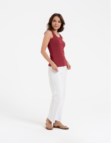 Koszulki i T-shirty - Koronkowy damski top na ramiączkach z prążkowanej wiskozy CZERWONY - produkt 4