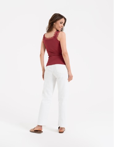 Koszulki i T-shirty - Koronkowy damski top na ramiączkach z prążkowanej wiskozy CZERWONY - produkt 5