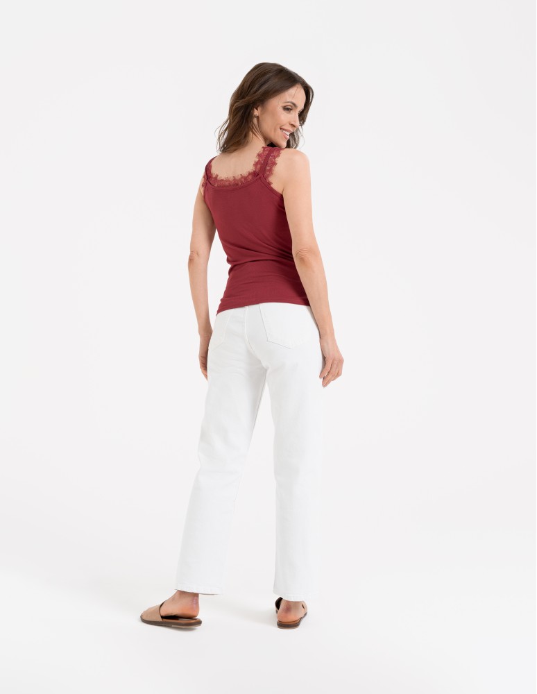 Koszulki i T-shirty - Koronkowy damski top na ramiączkach z prążkowanej wiskozy CZERWONY  - produkt moraj.pl 5