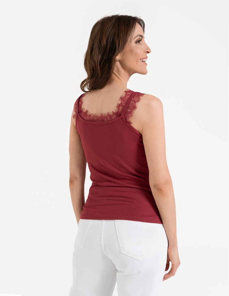Koszulki i T-shirty - Koronkowy damski top na ramiączkach z prążkowanej wiskozy CZERWONY  - produkt moraj.pl 9