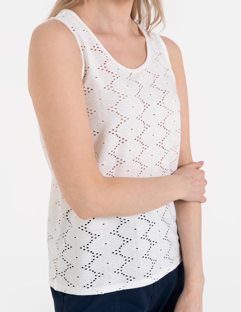 Bluzki bez rękawów - Bluzka damska bez rękawów ażurowa BIAŁY - produkt moraj.pl 2