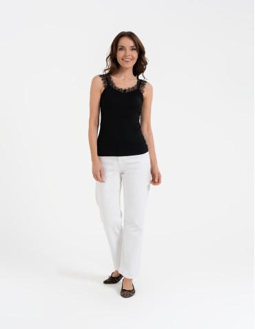 Koronkowy damski top na ramiączkach z prążkowanej wiskozy - CZARNY