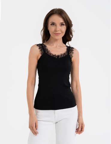 Koszulki i T-shirty - Koronkowy damski top na ramiączkach z prążkowanej wiskozy CZARNY - produkt 5