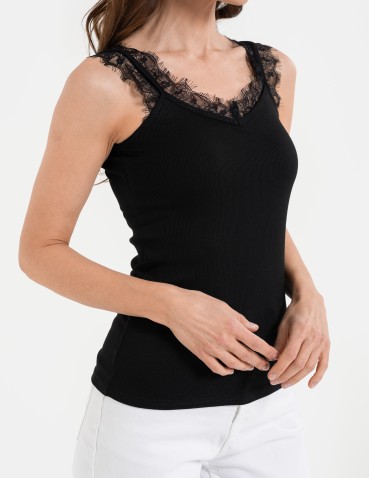 Koszulki i T-shirty - Koronkowy damski top na ramiączkach z prążkowanej wiskozy CZARNY - produkt 6