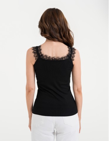 Koszulki i T-shirty - Koronkowy damski top na ramiączkach z prążkowanej wiskozy CZARNY - produkt 8
