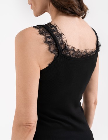 Koszulki i T-shirty - Koronkowy damski top na ramiączkach z prążkowanej wiskozy CZARNY - produkt 9