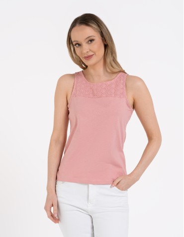 Damska bluzka bez rękawów bawełniana z ażurowym wykończeniem - RÓŻOWY