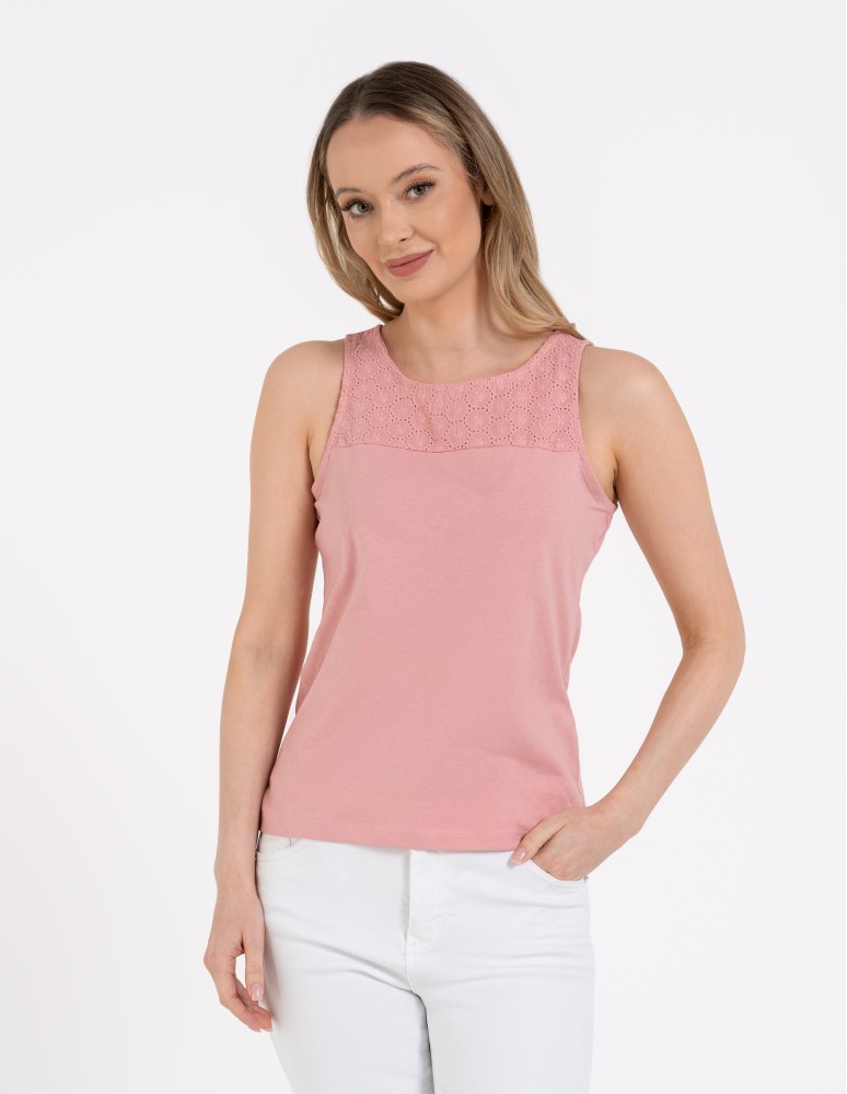 Koszulki i T-shirty - Damska bluzka bez rękawów bawełniana z ażurowym wykończeniem RÓŻOWY - produkt moraj.pl 1