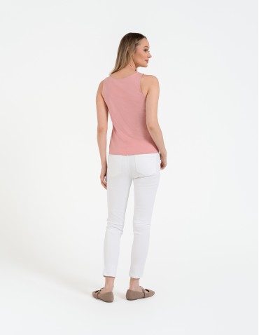 Koszulki i T-shirty - Damska bluzka bez rękawów bawełniana z ażurowym wykończeniem RÓŻOWY - produkt 6