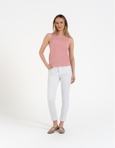 Koszulki i T-shirty - Damska bluzka bez rękawów bawełniana z ażurowym wykończeniem RÓŻOWY - produkt 7