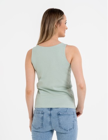 Koszulki i T-shirty - Damska bluzka bez rękawów bawełniana z ażurowym wykończeniem ZIELONY - produkt 3